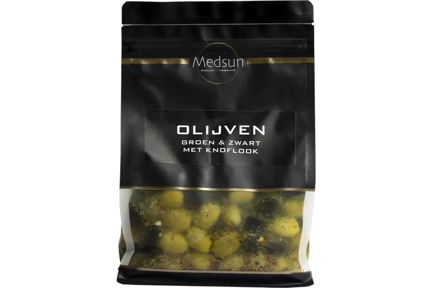 Olijven groen en zwart met knoflook 1kg kist 8 stuks
