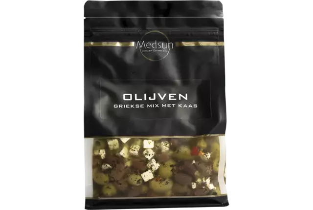 Olijven griekse mix met kaas 1kg kist 8 stuks