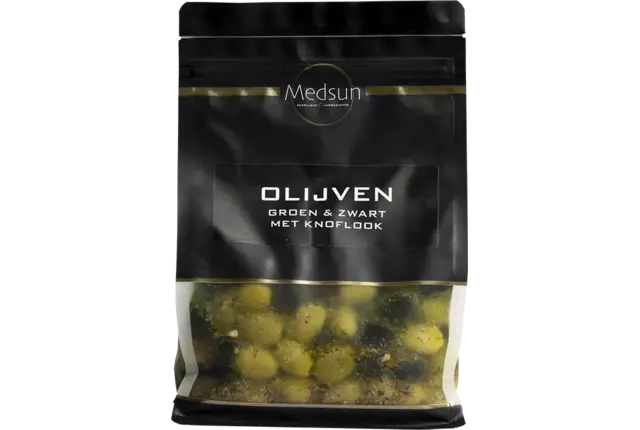 Olijven groen en zwart met knoflook 1kg kist 8 stuks