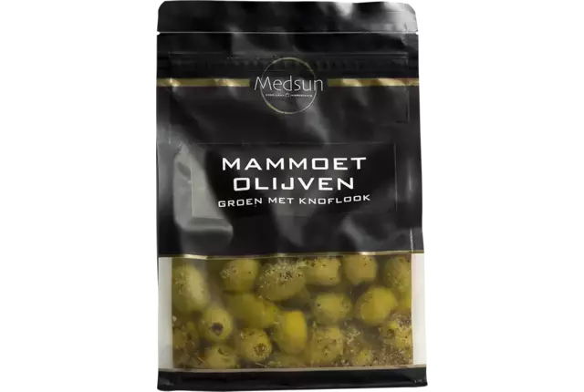 Mammoet olijven groen met knoflook 1kg kist 8 stuks